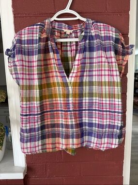 Pilcro Anthropologie 100% Cotton Multicolor Plaid Popover Top with Cinched Back